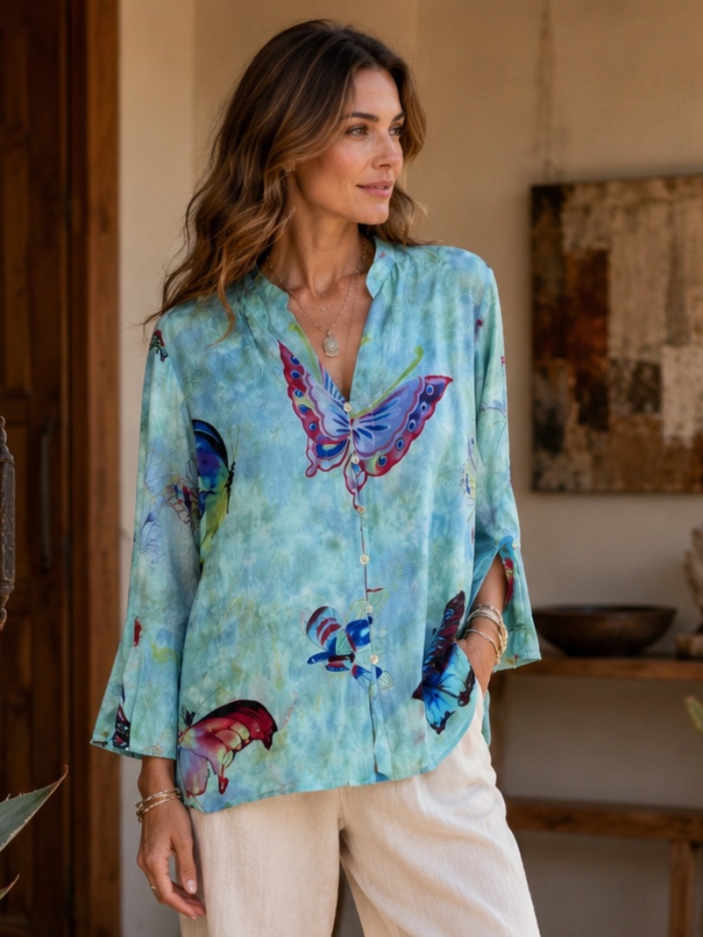 Citron Santa Monica 100% Silk Butterfly Print Art To Wear Button Front Blouse XL